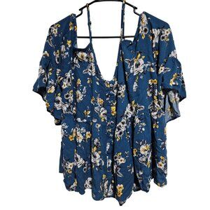 Torrid Babydoll Blouse Womens Size 3X Blue Floral Cold Shoulder Button Up Top